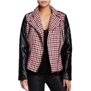 Kut from the Kloth Houndstooth Moto Jacket with quilted vegan leather sleeves.